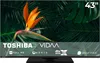 A television screen displaying a vibrant image of a bird of paradise flower against a backdrop of lush green leaves. The bottom of the screen shows branding and feature logos. Produktbild-Vorschau