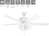 A white ceiling fan with five blades and three lights, presented with a panel of technical specifications and icons. Anteprima dell’immagine prodotto