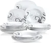 A set of white porcelain dinnerware with a black and gray ornate pattern, stacked against a white background. Produktbild-Vorschau