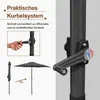 A collage of images showing a patio umbrella, its closed and open states, and a close-up of its crank mechanism. Produktbild-Vorschau