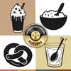 A collage of four images: a smoothie, a bowl of food with a spoon, a pretzel, and a glass of liquid with a spoon, centered around a circular badge. Produktbild-Vorschau