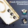 A close-up of a phone case with gold trim, showing its camera protection and shock absorption features. Produktbild-Vorschau