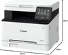 A white Canon i-SENSYS MF 651 Cw printer is shown from a front-side angle, with dimensions indicated by lines and text. Produktbild-Vorschau