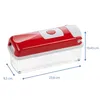 A clear product shot of a red and white food chopper with a transparent container, showing dimensions. Produktbild-Vorschau