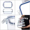 A collage of four images showing glass food storage containers with blue lids. One image shows a container and lid separately, another shows a close-up of the lid's seal, a third shows a close-up of the container's locking mechanism, and the fourth shows a Podgląd zdjęcia produktu