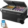 A portable dual-zone refrigerator with drinks and food inside, shown with a smartphone displaying a temperature control app. Náhled obrázku produktu