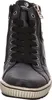 A close-up, front-facing view of a blue leather high-top sneaker with black laces and a side zipper. Produktbild-Vorschau