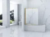 A modern bathroom with a bathtub and shower enclosure, marble-patterned walls, and large windows overlooking a garden. Produktbild-Vorschau