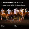 Multiple images of a soccer player in motion, with text overlays describing AI motion smoothing and sports mode. Anteprima dell’immagine prodotto