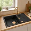 Spülbecken schwarz mit Gold Armatur Granit Küchenspüle Produktbild-Vorschau 2