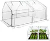 A mini greenhouse with a transparent cover, shown empty and then with plants inside.