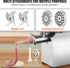 A collage showing attachments for a meat grinder and the meat grinder in use. Produktbild-Vorschau