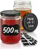 Three glass jars with lids, one filled with red jam, another with honey, and a third lid is separate. There are also small black labels and a white pen. Produktbild-Vorschau