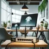 A router is placed on a wooden table in front of a desk with computers and plants. Produktbild-Vorschau