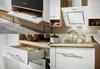 Collage of different views of a modern kitchen unit, showing details of drawers, cabinets, and a range hood. Produktbild-Vorschau
