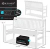 A white wooden garden bench with dimensions and features highlighted. Produktbild-Vorschau