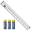 A battery-powered LED light bar and three AA batteries are shown against a white background. Produktbild-Vorschau