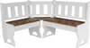 A white corner bench with brown wooden seats, shown from a front-diagonal angle. Voir les images du produit