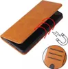 A brown leather smartphone case is shown open, revealing the phone inside. Red arrows indicate magnetic closure, and a small inset shows card slots. Produktbild-Vorschau