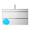 A white bathroom vanity with two drawers and a faucet on top, against a white background. Produktbild-Vorschau