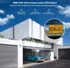 A modern white house with a blue convertible car parked under a carport. A close-up of a license plate is shown in a circular inset. Produktbild-Vorschau