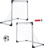 Two soccer goals, a soccer ball, and a pump are arranged on a white background. Produktbild-Vorschau