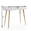 A white console table with wooden legs is shown against a white background, with dimensions indicated by text overlays. Náhled obrázku produktu