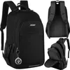 Multiple views of a black backpack, including a front view, back view, and an open view showing the interior. Produktbild-Vorschau