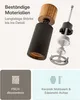 An exploded view of a pepper grinder, highlighting its materials and internal components, with additional feature callouts below. Produktbild-Vorschau