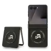A Karl Lagerfeld phone case for a Samsung Z Flip 7 is shown in two configurations: closed and open, with a phone inserted. Produktbild-Vorschau