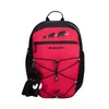 A red and black backpack with a stuffed mammoth keychain. Produktbild-Vorschau