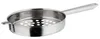 A stainless steel colander with a handle and two hooks for resting on a pot. Voir les images du produit