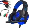 A gaming headset with blue LED lights and its various connection cables. Produktbild-Vorschau