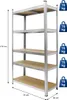 A silver metal shelving unit with five wooden shelves is shown against a white background. Dimensions are indicated with text and arrows. Náhled obrázku produktu