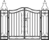A black wrought iron garden gate with decorative scrollwork and finials, presented on a white background. Produktbild-Vorschau