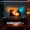 A television screen displaying a space scene, with ambient lighting effects on the wall behind it. Text overlays highlight features like 'Picture', 'Sound', 'Gaming', and 'Ambilight'. Voir les images du produit