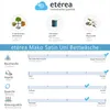 A marketing image detailing the features of etérea Mako Satin Uni Bettwäsche. Produktbild-Vorschau