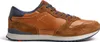 A side view of a brown and tan leather and suede sneaker with blue laces and accents. Produktbild-Vorschau