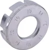 A close-up, studio shot of a silver bicycle spoke wrench with numbered slots. Produktbild-Vorschau