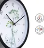 A close-up of a wall clock with a floral design, along with two circular icons indicating weather resistance and indoor/outdoor use. Náhled obrázku produktu
