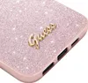 Close-up of a pink glitter phone case with a gold 'Guess' logo. Produktbild-Vorschau