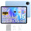 A light blue tablet is shown with marketing text and graphics on its screen. Below the tablet are accessories: a grey case, a USB cable, and a screen protector. Náhled obrázku produktu