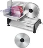 A VEVOR electric meat slicer with a piece of raw meat on the cutting tray, and a separate blade shown below. Náhled obrázku produktu