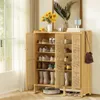 A wooden shoe cabinet filled with shoes, placed in a room with natural light coming from a window. Podgląd zdjęcia produktu