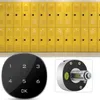 A collage of yellow lockers and two close-up views of a digital lock. Produktbild-Vorschau