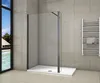 A modern bathroom with a walk-in shower, a towel rack, and a window overlooking a tropical scene. Produktbild-Vorschau