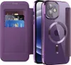 A purple iPhone 12 case with a card holder and MagSafe compatibility is shown open, displaying the inside card slots and the back of the case with the Apple logo. Produktbild-Vorschau