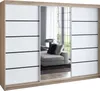 A modern sliding door wardrobe with a mirrored center panel, reflecting a living room scene with a sofa and a lamp. Produktbild-Vorschau