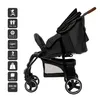 A black baby stroller is shown in profile against a white background, with a series of icons and text on the left side detailing its specifications. Produktbild-Vorschau