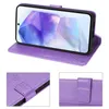 A collage of images showing a purple flip phone case for a Samsung Galaxy A55, with close-ups of the clasp and embossed floral pattern. Produktbild-Vorschau